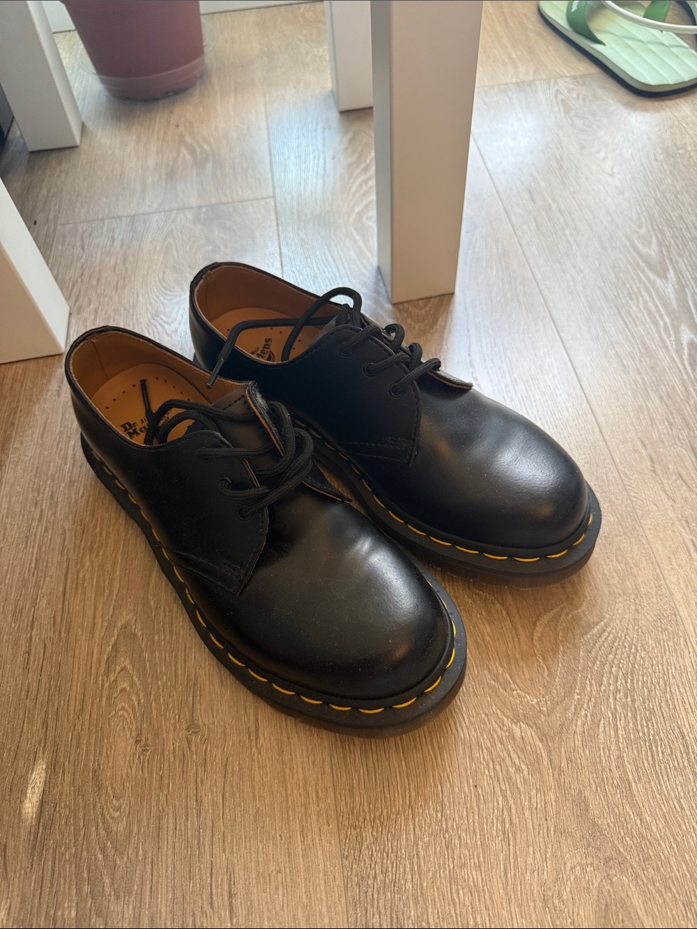 Dr. Martens Women's Black Leather Derby Shoes with Yellow Stitching